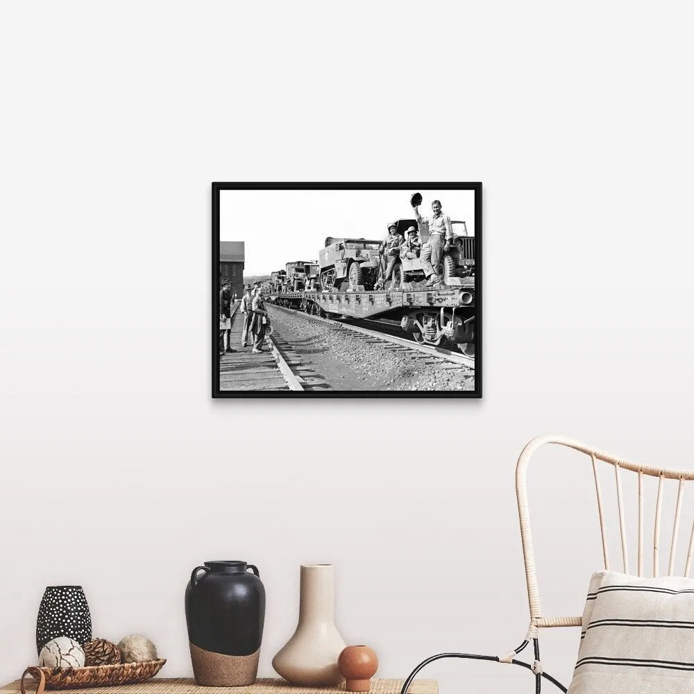 "1940's World War II Freight Train Of Jeeps And Half Tracks" Black Float Frame Canvas Art