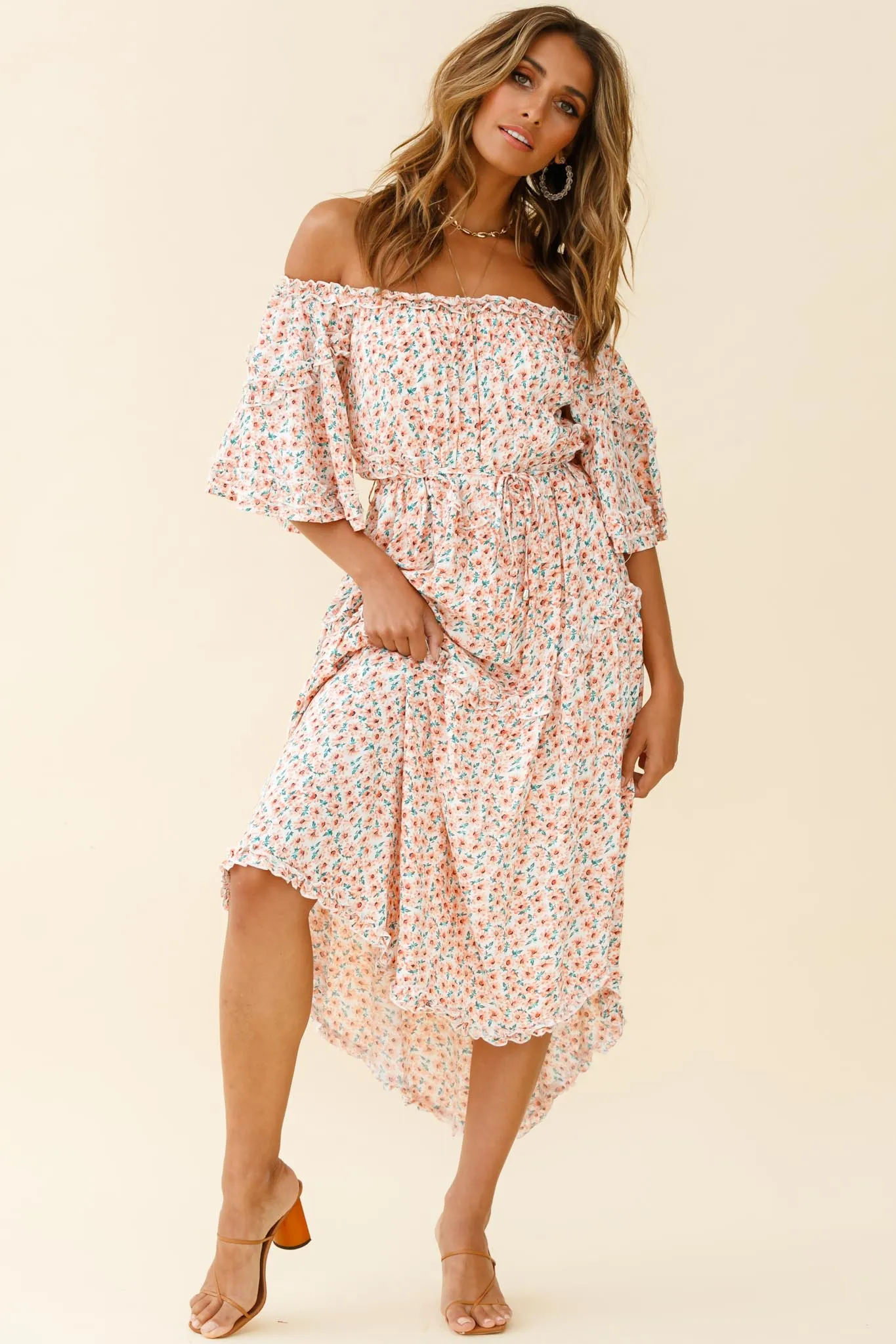 Renoir Off-Shoulder Frill Trim Dress Floral Print Pink