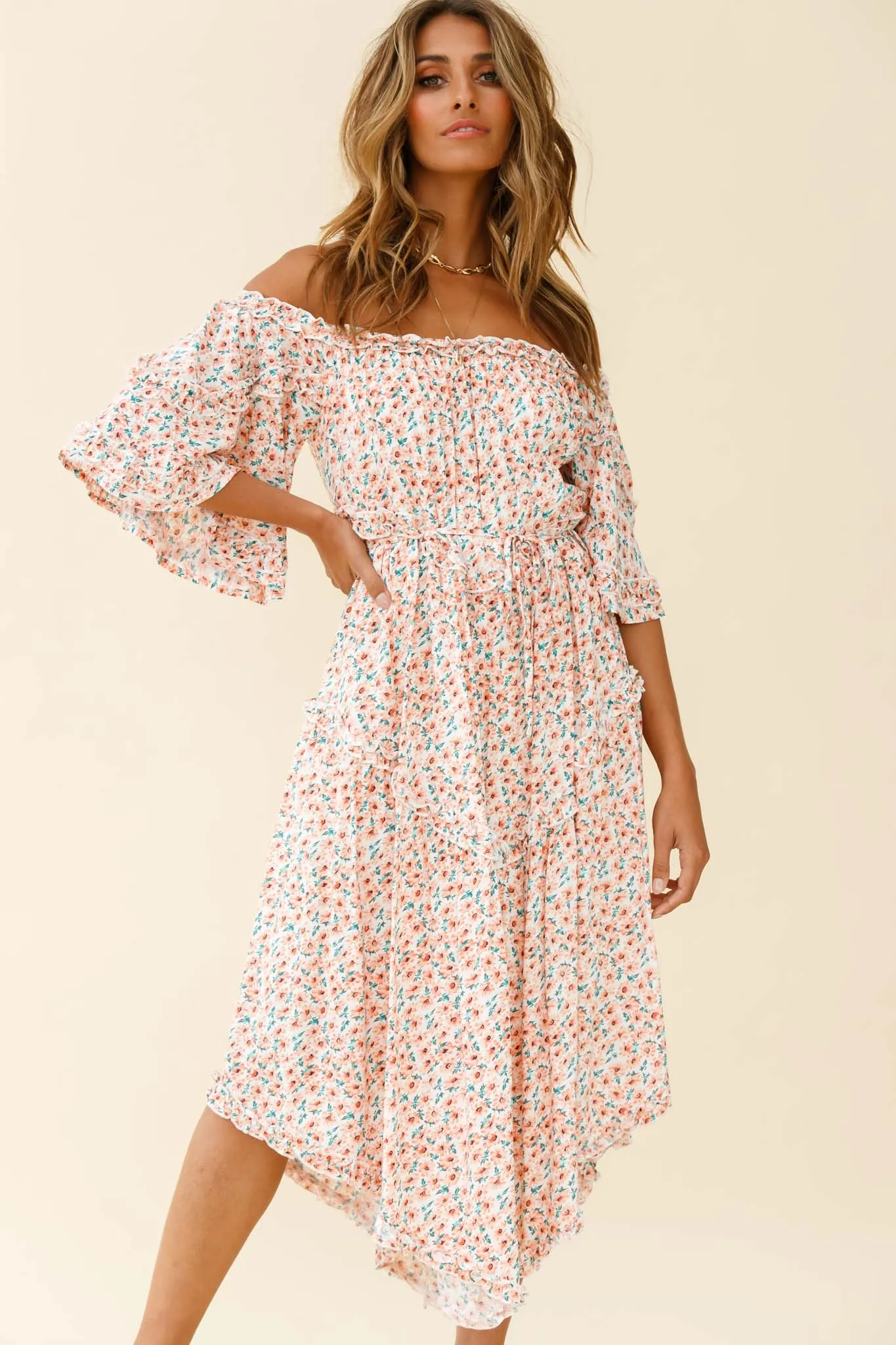 Renoir Off-Shoulder Frill Trim Dress Floral Print Pink