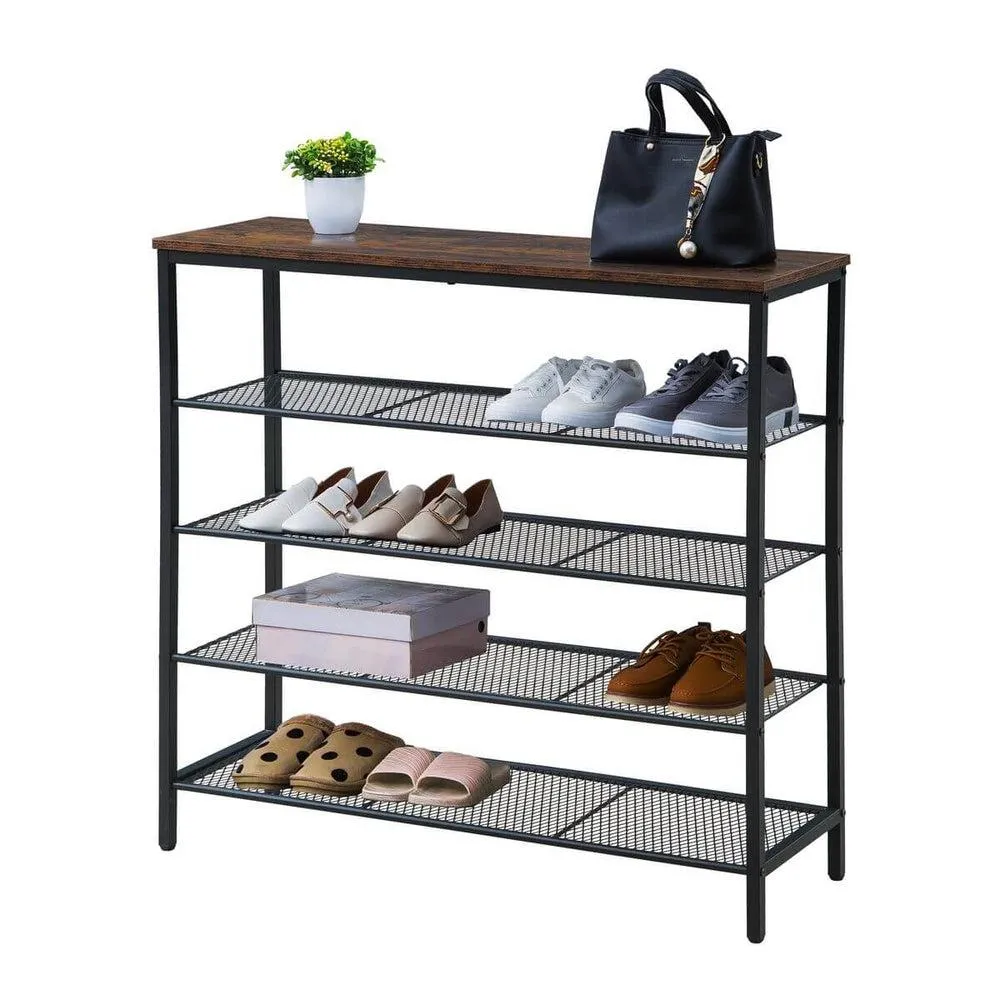 Rustic 5 Tier Wide Shoe Rack Dark Wood & Matte Black