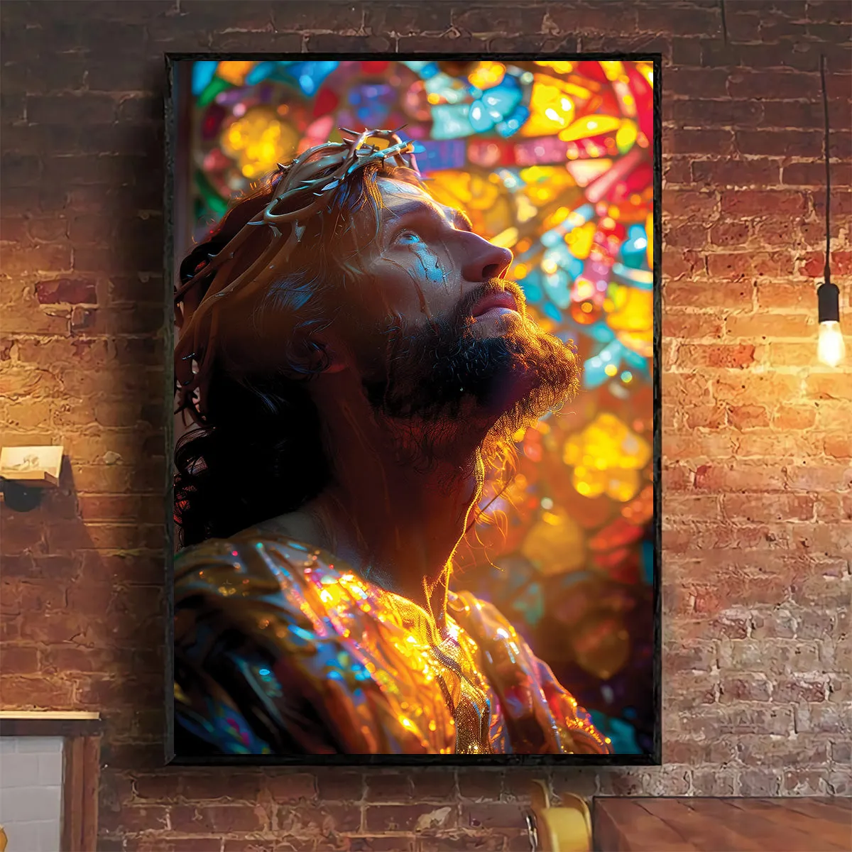 Teesdily | Jesus Portrait Art Stained Glass Design Poster, Christian Home Decor Poster Canvas, Jesus Art Religious Wall Decor