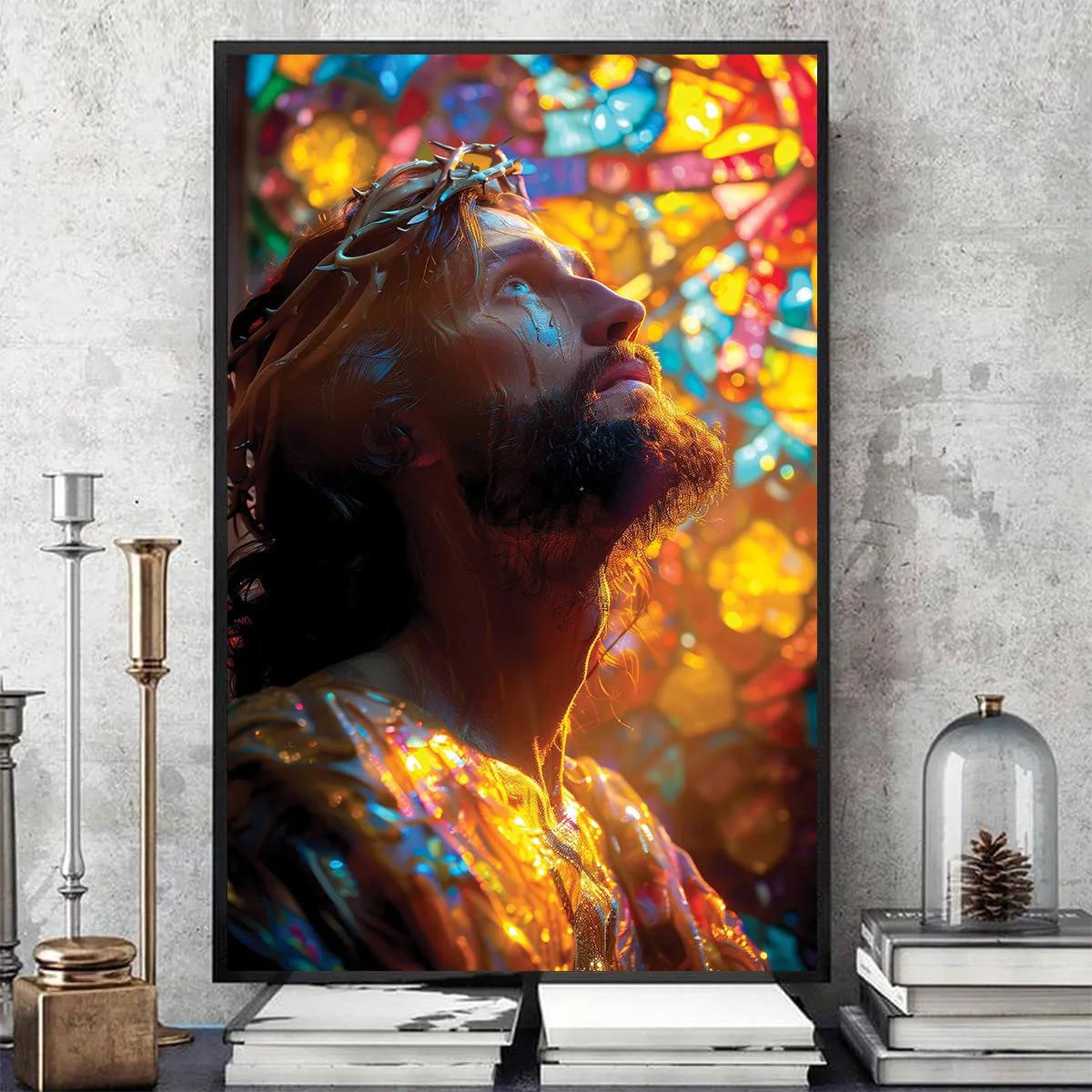 Teesdily | Jesus Portrait Art Stained Glass Design Poster, Christian Home Decor Poster Canvas, Jesus Art Religious Wall Decor