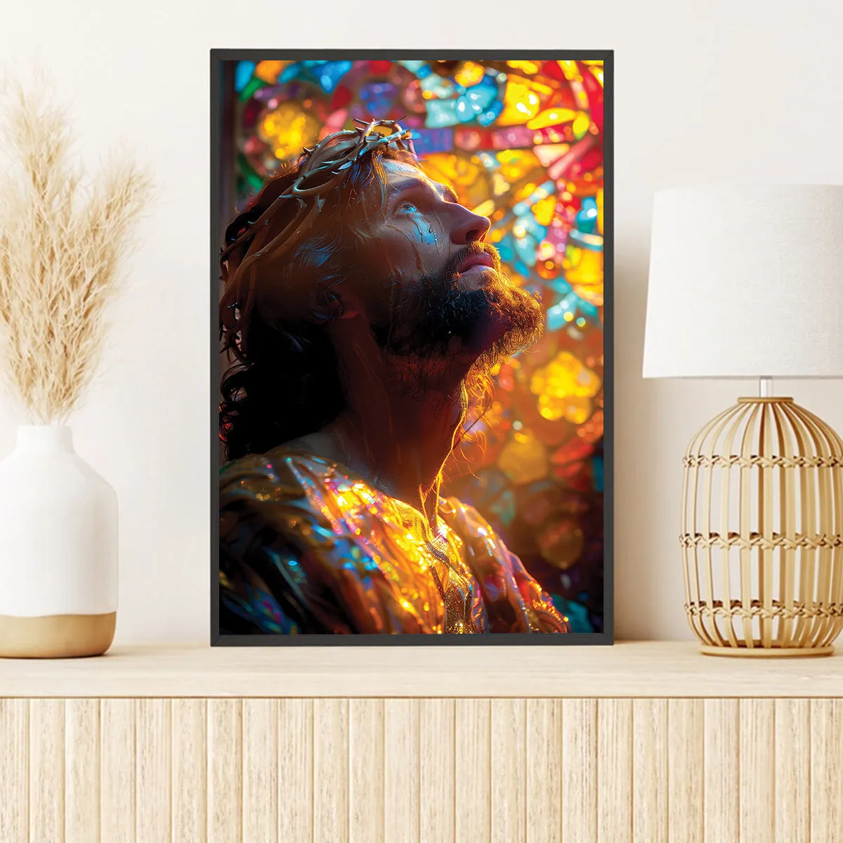 Teesdily | Jesus Portrait Art Stained Glass Design Poster, Christian Home Decor Poster Canvas, Jesus Art Religious Wall Decor