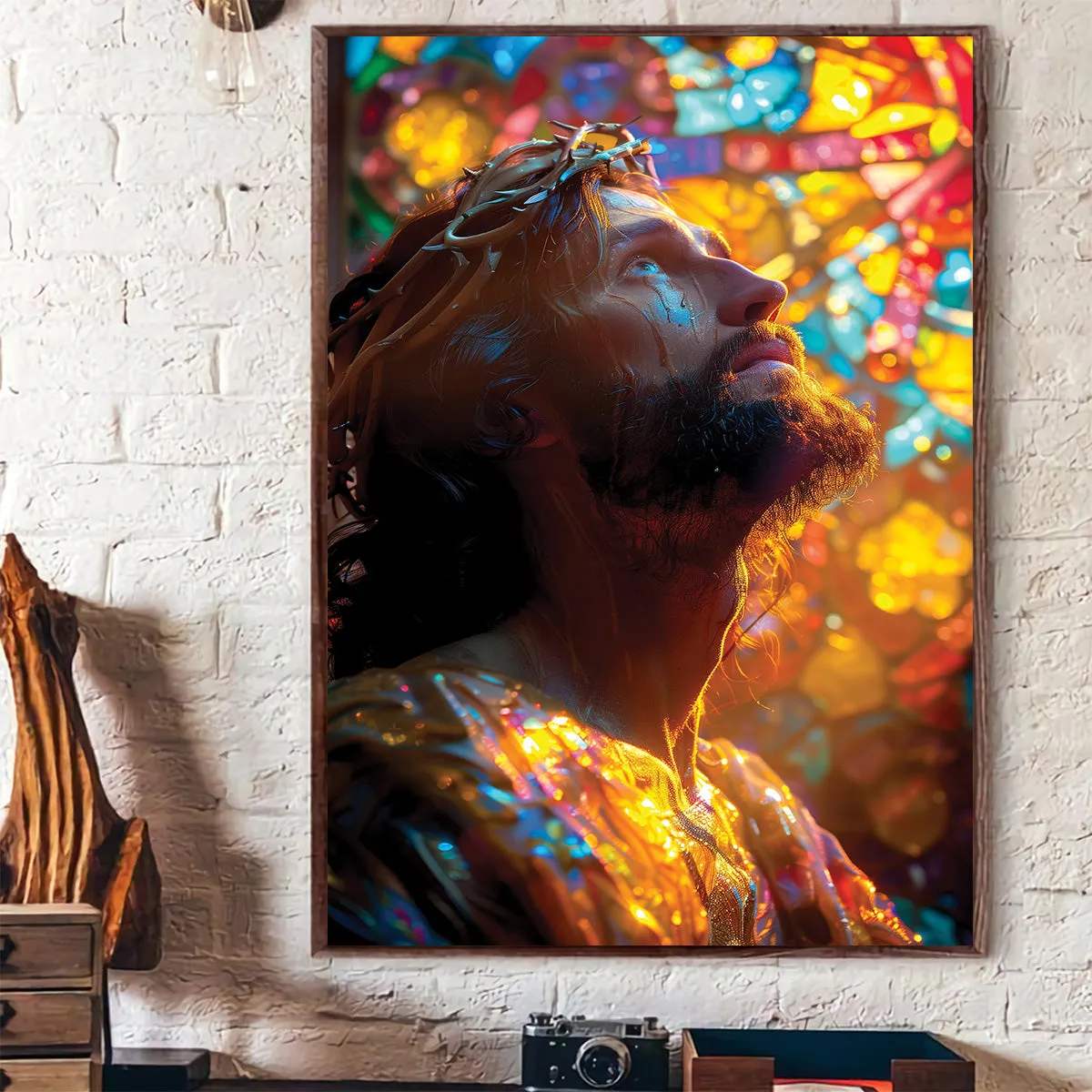 Teesdily | Jesus Portrait Art Stained Glass Design Poster, Christian Home Decor Poster Canvas, Jesus Art Religious Wall Decor