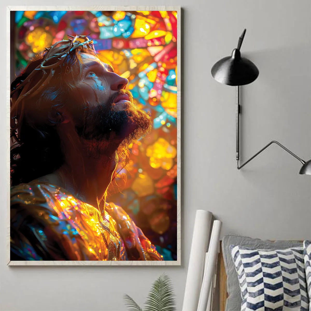 Teesdily | Jesus Portrait Art Stained Glass Design Poster, Christian Home Decor Poster Canvas, Jesus Art Religious Wall Decor