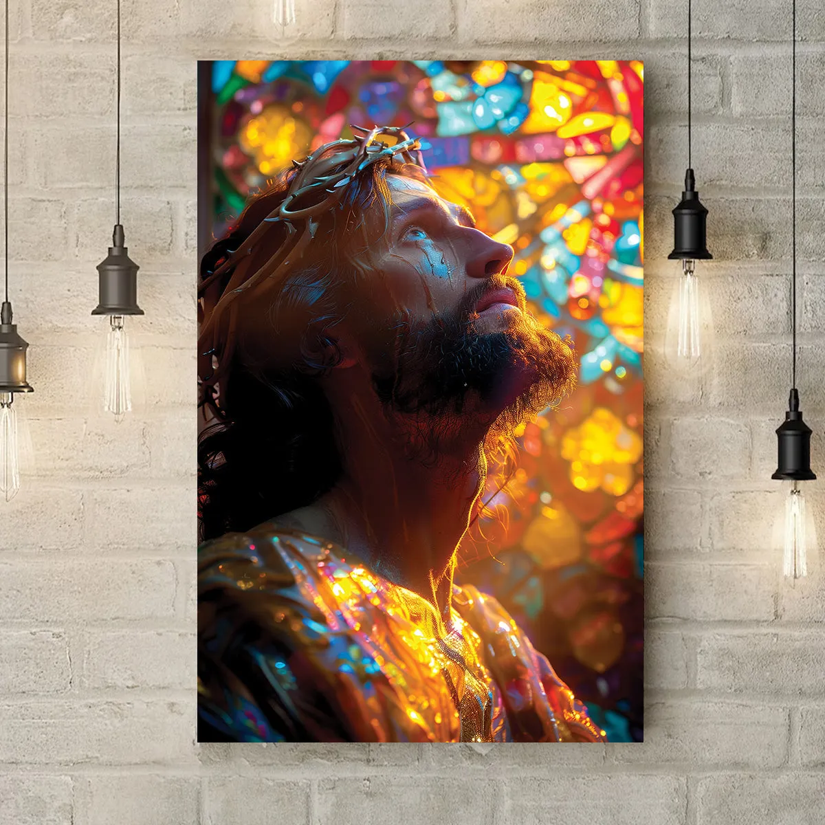 Teesdily | Jesus Portrait Art Stained Glass Design Poster, Christian Home Decor Poster Canvas, Jesus Art Religious Wall Decor