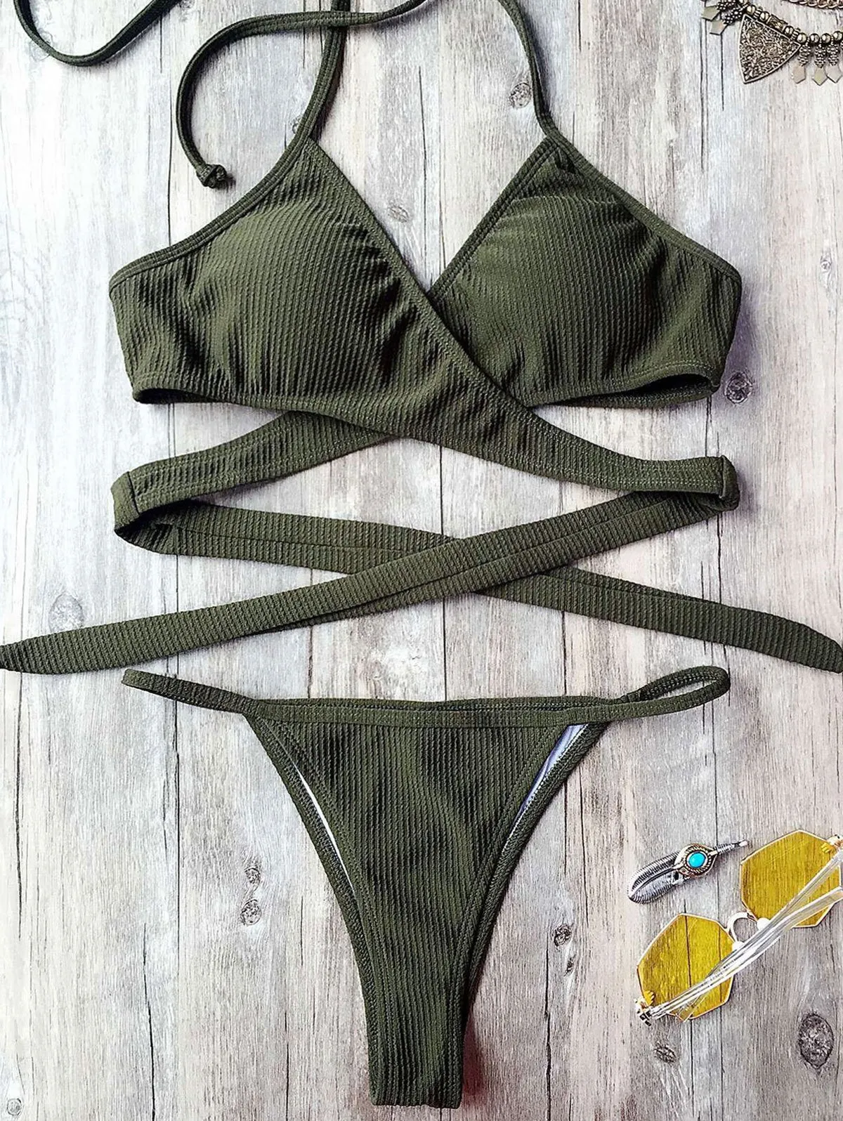 Textured High Cut Wrap String Bikini Set