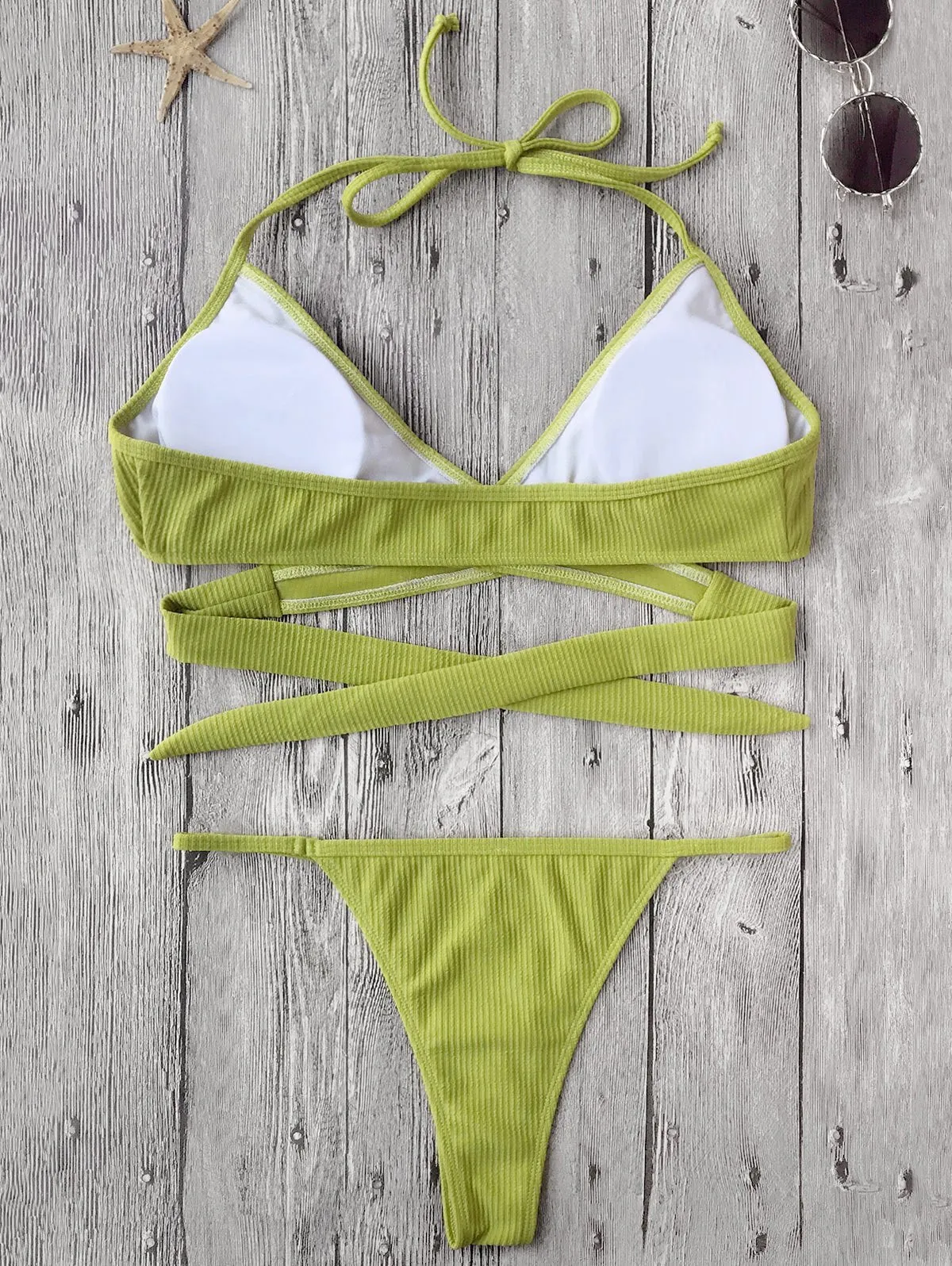 Textured High Cut Wrap String Bikini Set