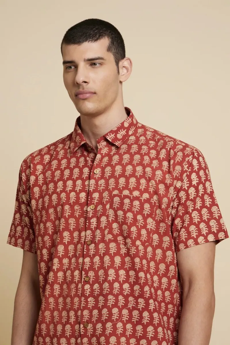 Unisex Natural Dye Red Floral Handblock Printed Cotton Shirt