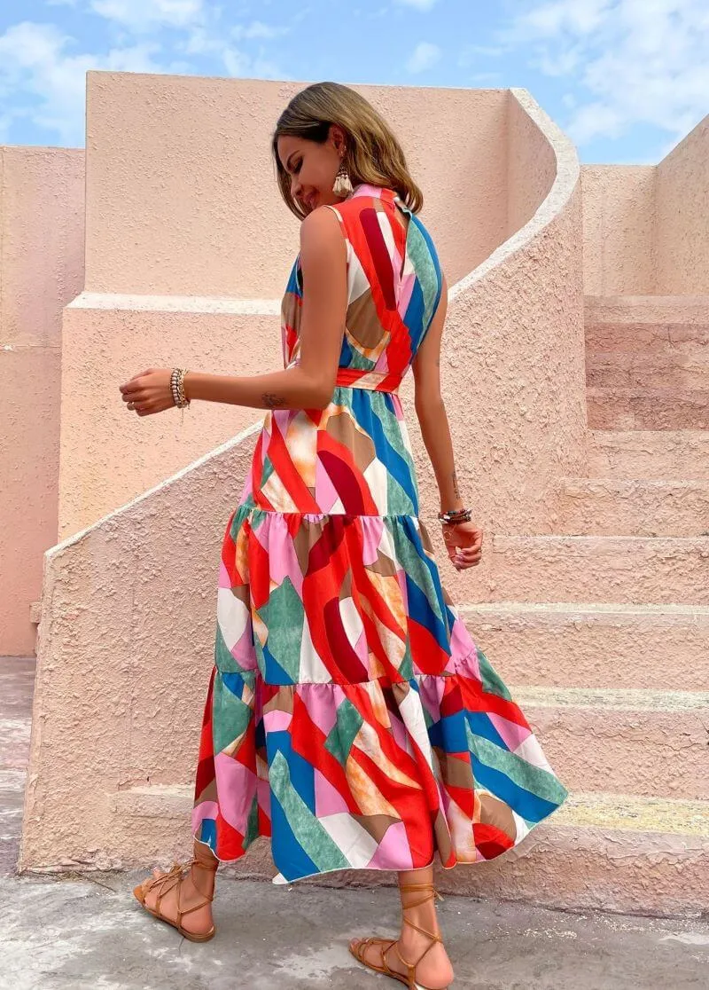 Vibrant Ruffle Detail Sleeveless Ankle-Length Summer Dress