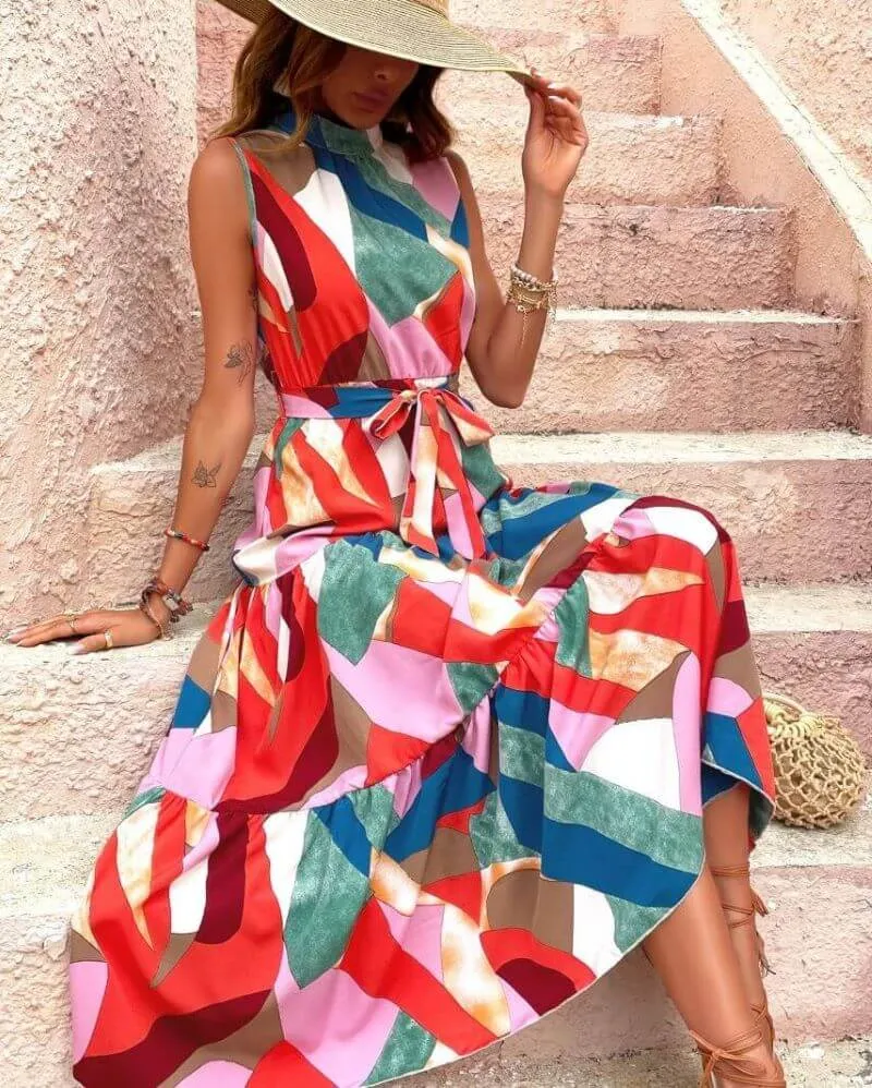 Vibrant Ruffle Detail Sleeveless Ankle-Length Summer Dress