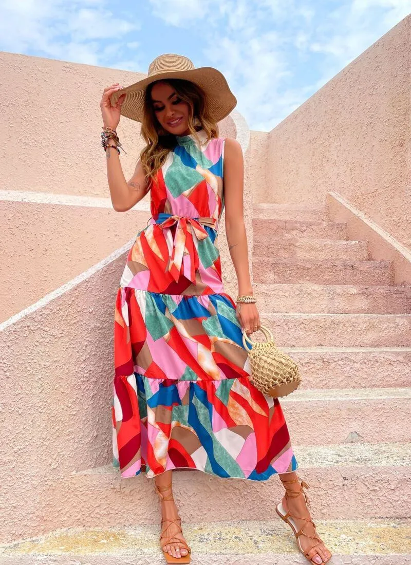 Vibrant Ruffle Detail Sleeveless Ankle-Length Summer Dress