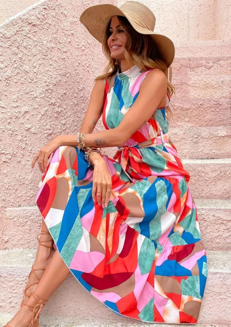 Vibrant Ruffle Detail Sleeveless Ankle-Length Summer Dress