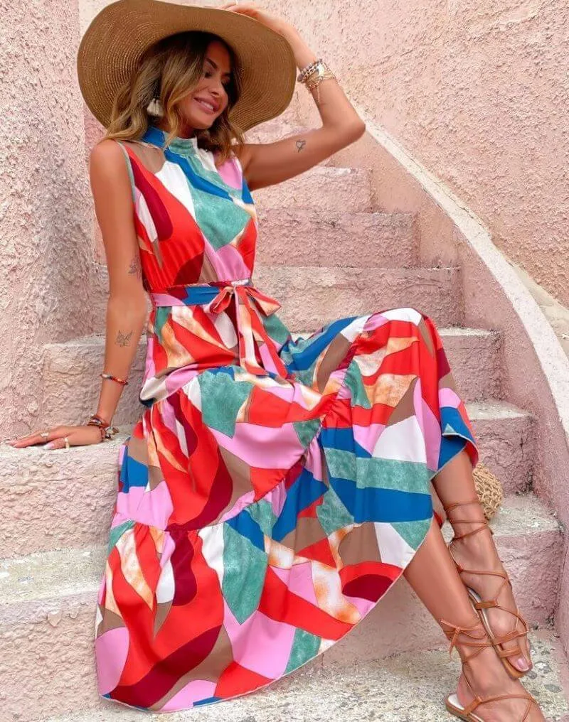 Vibrant Ruffle Detail Sleeveless Ankle-Length Summer Dress