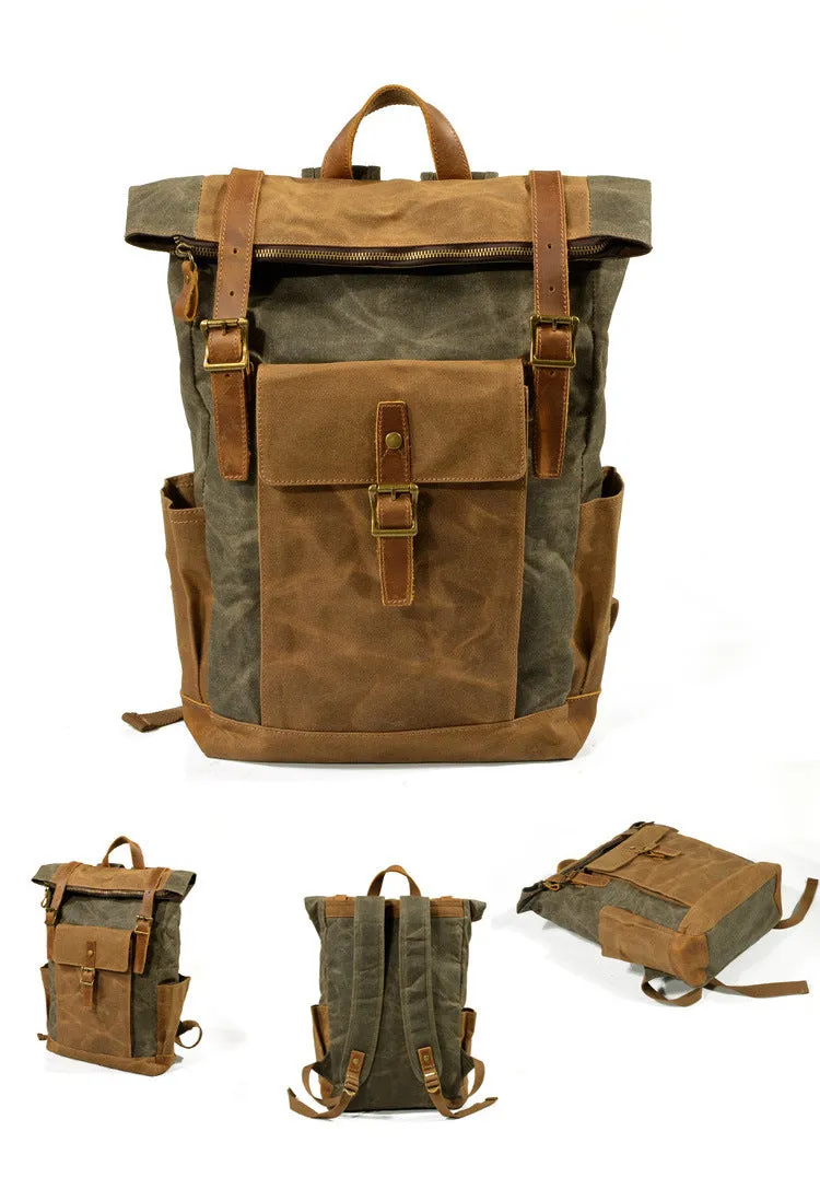 Vintage Men Leather Canvas Rucksack for Traveling 9120