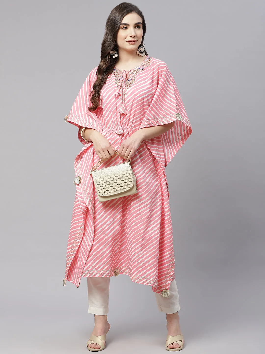 Women'S Baby Pink Cotton Laheriya Kaftan