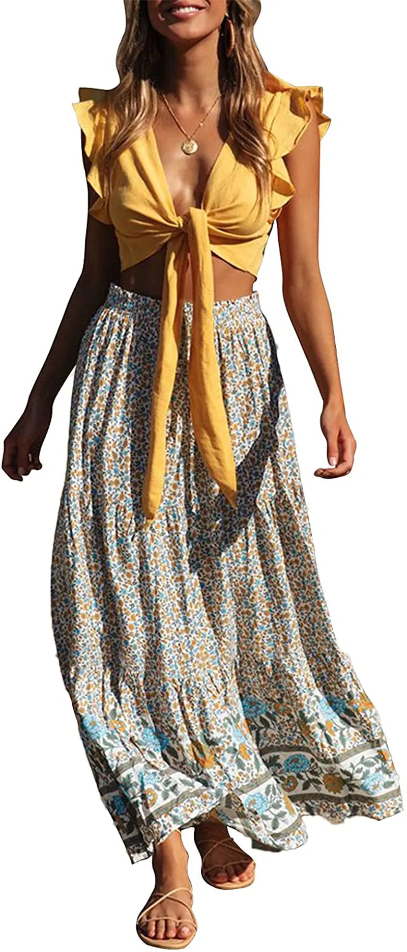 ZESICA Women's Bohemian Floral Printed Elastic Waist A Line Maxi Skirt with Pockets