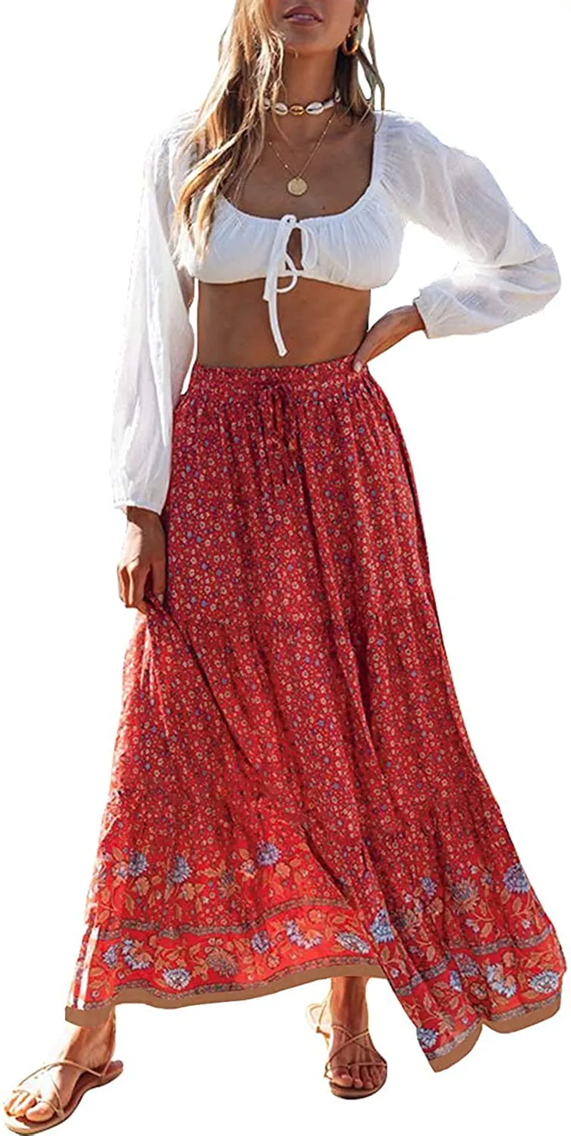 ZESICA Women's Bohemian Floral Printed Elastic Waist A Line Maxi Skirt with Pockets