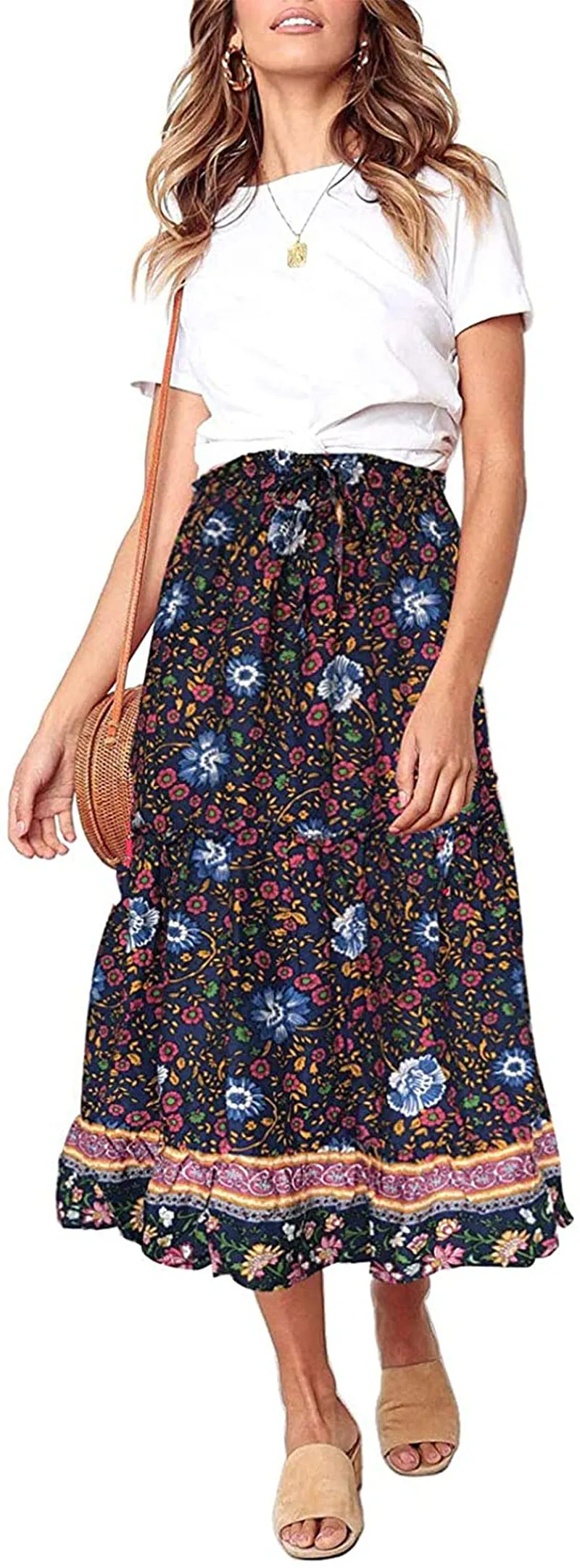 ZESICA Women's Bohemian Floral Printed Elastic Waist A Line Maxi Skirt with Pockets