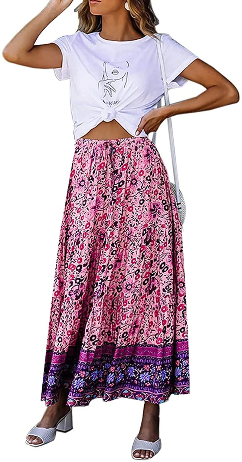 ZESICA Women's Bohemian Floral Printed Elastic Waist A Line Maxi Skirt with Pockets