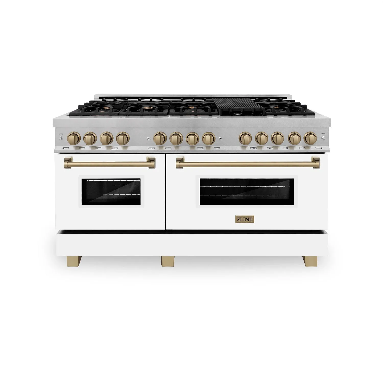 ZLINE Autograph Edition 60" 7.4 cu. ft. Dual Fuel Range with Gas Stove and Electric Oven in DuraSnow® Stainless Steel with White Matte Door and Champagne Bronze Accents (RASZ-WM-60-CB)